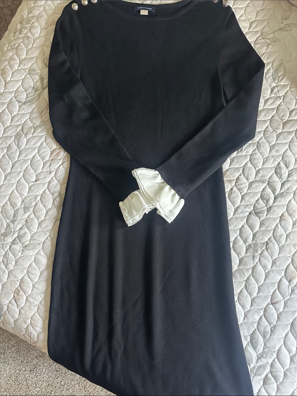 Tommy Hilfiger Black Long-Sleeve Knit Dress with White Ruffle Cuffs